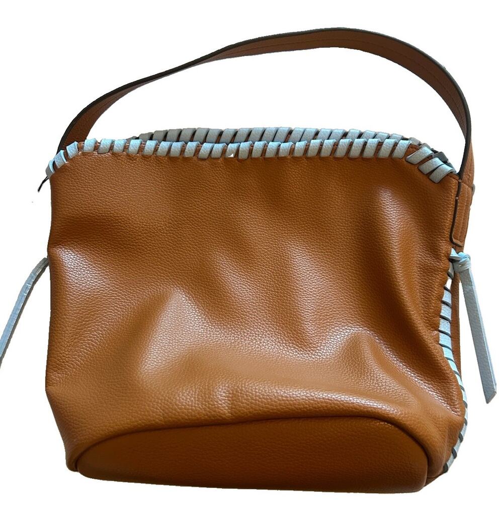 Vera Bradley Slouchy Bucket Shoulder Bag Roasted Pecan Cerulean Faux Leather